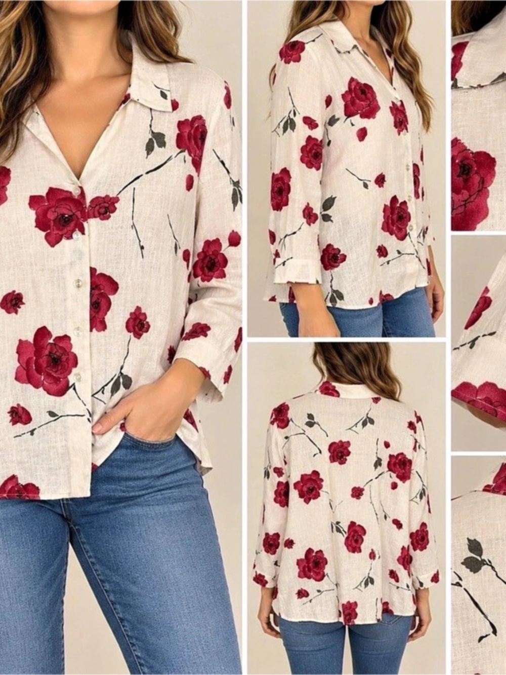 Studio Works Floral Linen Blouse in Cream & Red Like New